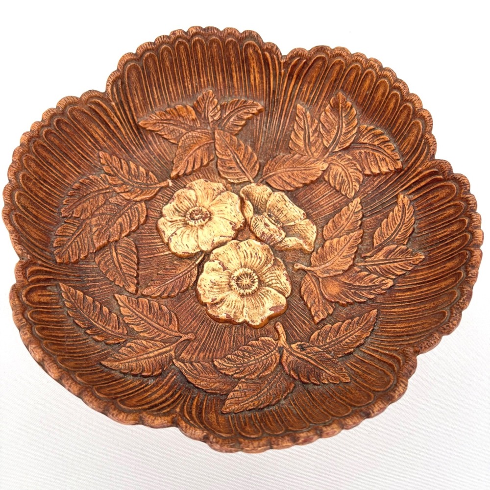 Vintage Multi Products Inc Floral Faux Wood Composite Scalloped Bowl USA Made